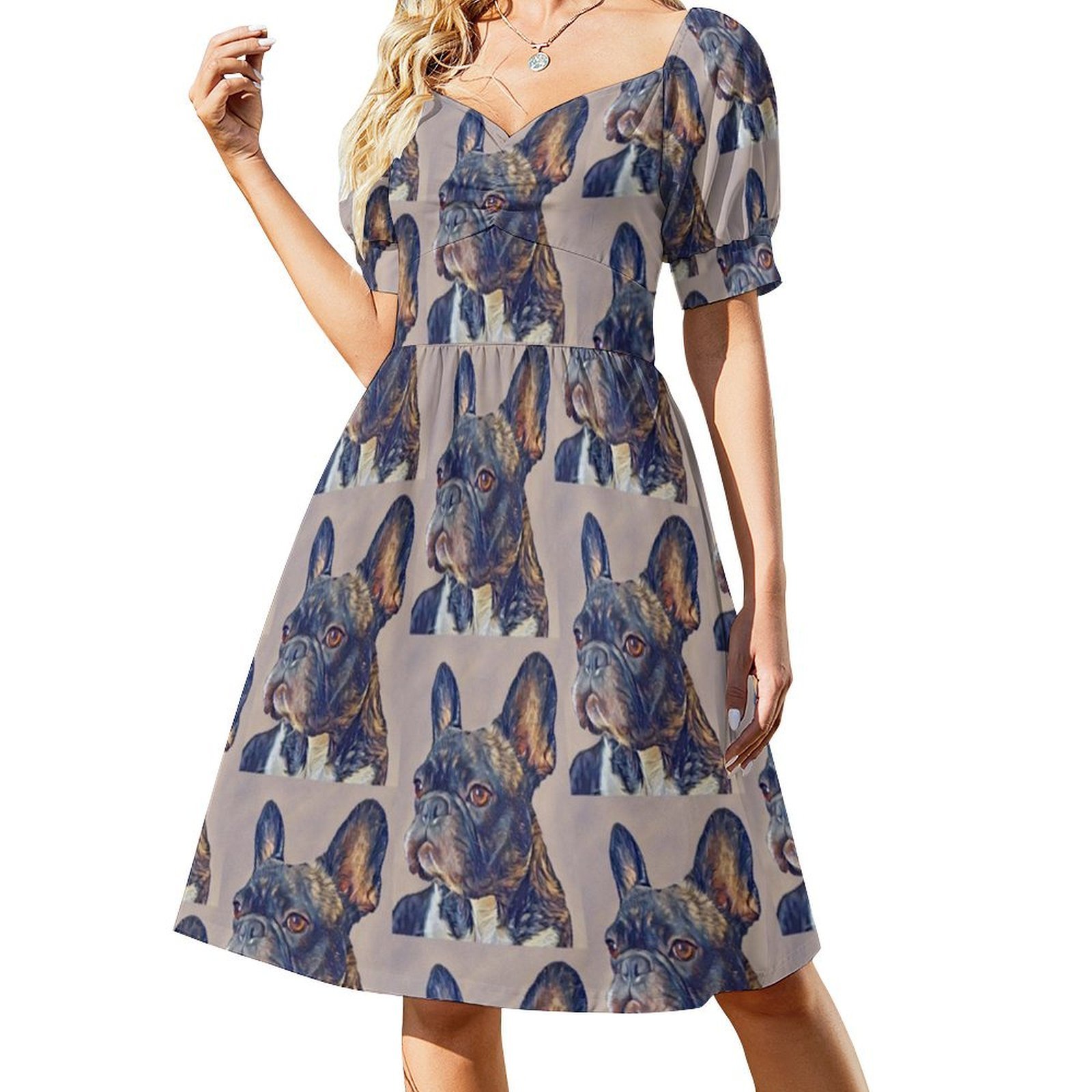 フレンチブルドッグ柄の花柄スモックワンピース レディース 春 - Smocked Dress Women のレビューと価格
